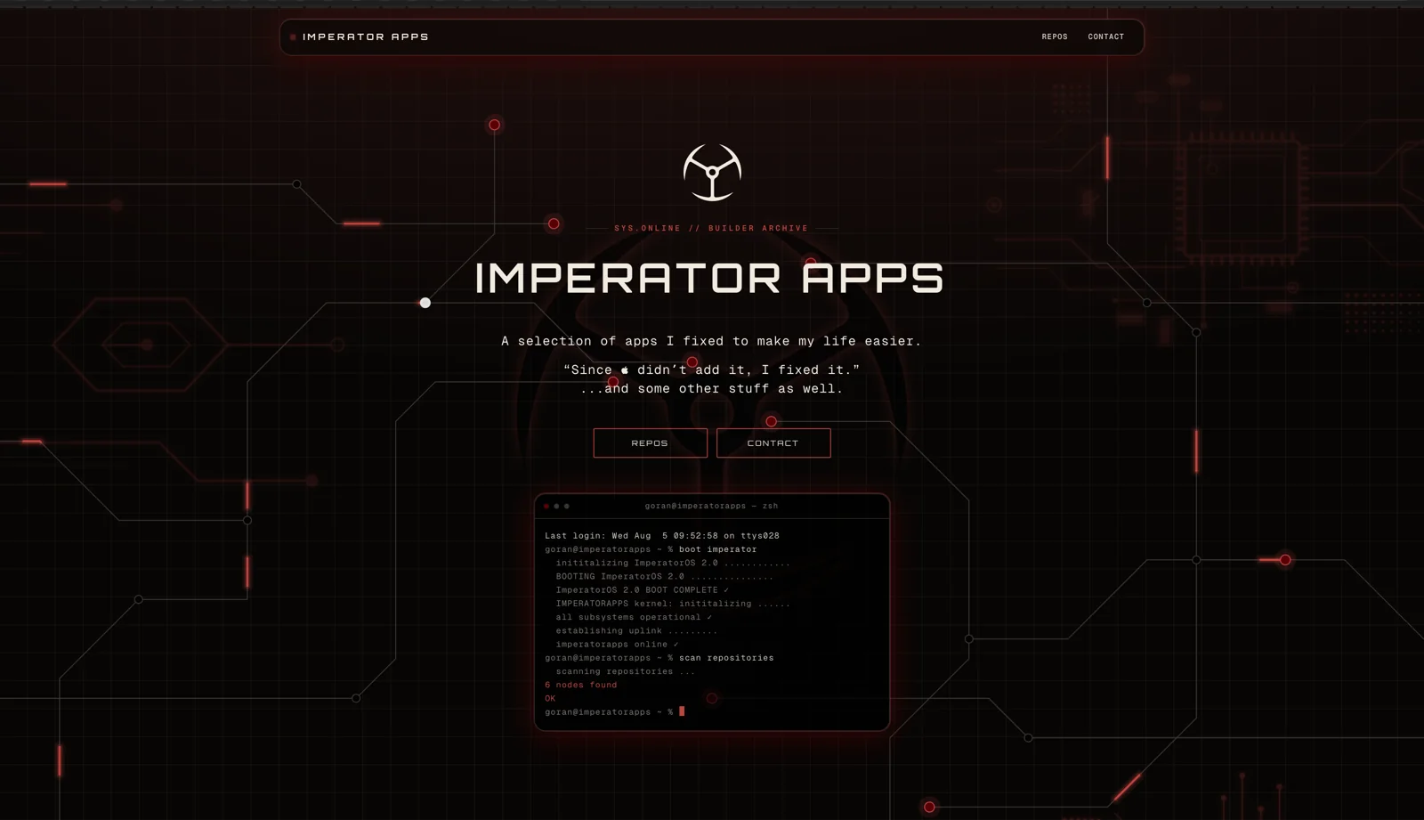 The ImperatorApps home page: a dark circuit-board hero behind the Imperator sigil, with a terminal panel below it.
