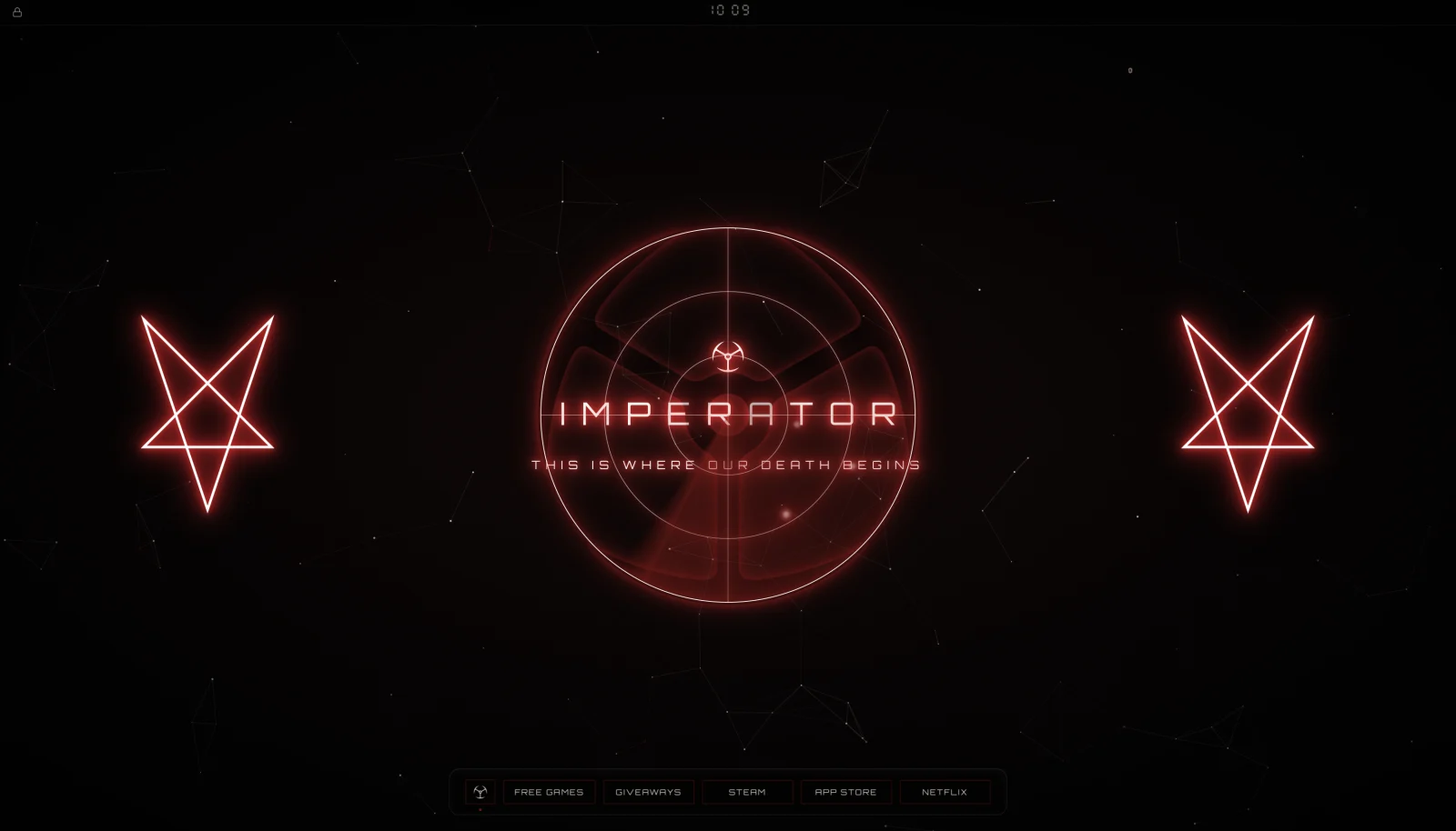 The ImperatorDeals home page: a neon red reticle around the wordmark, flanked by two stars, over a dark constellation field.