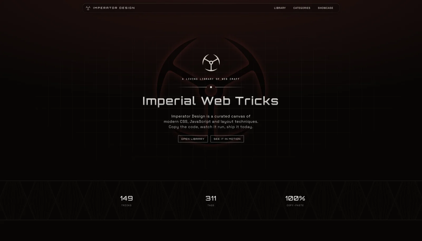 The ImperatorDesign home page: the title Imperial Web Tricks over a dark red glow, with counters for tricks and tags beneath it.